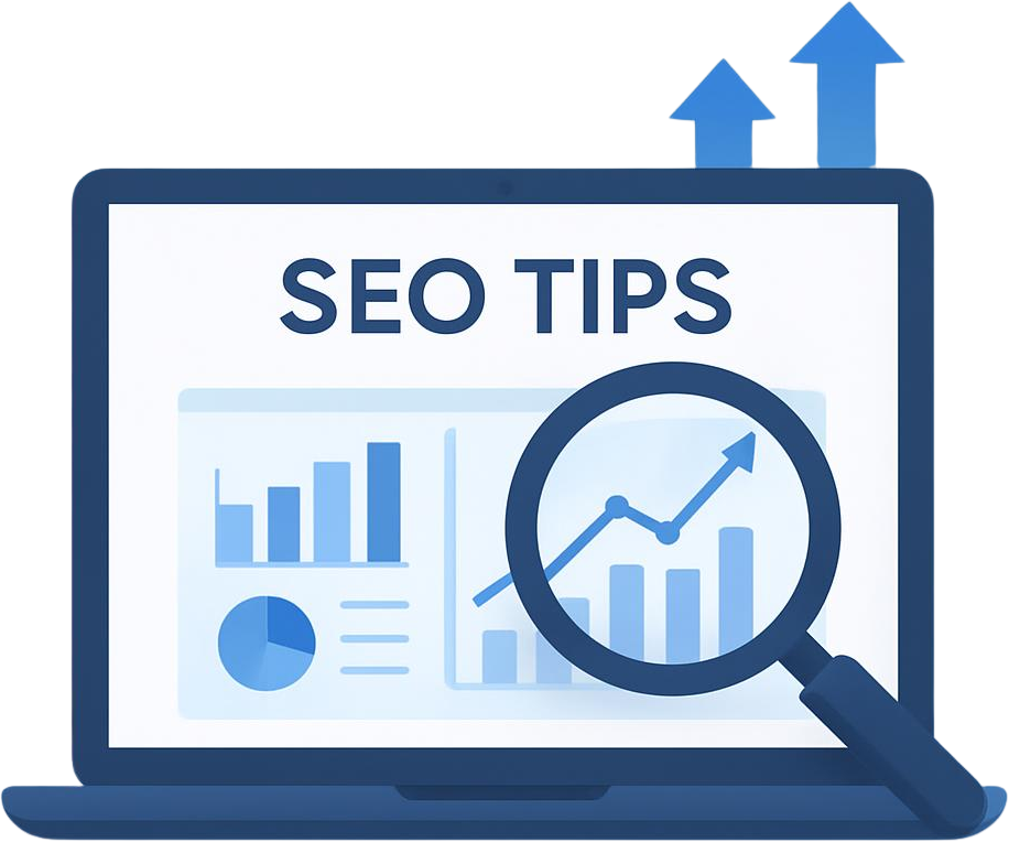 SEO tips icon with analytics chart and magnifying glass.