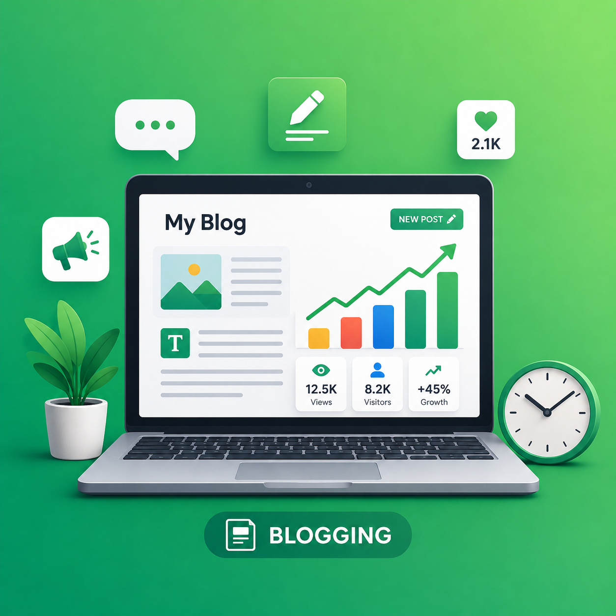 Blogging vector icon with laptop analytics graph, growth arrow, clock icon, and green gradient background.